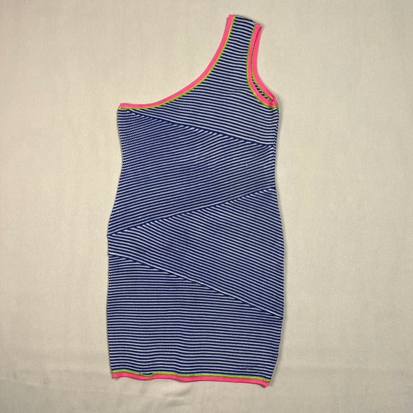 WOW Couture‎ Neon Stripe One Shoulder Bandage Bodycon Mini Dress Blue - Size M - Picture 2 of 9